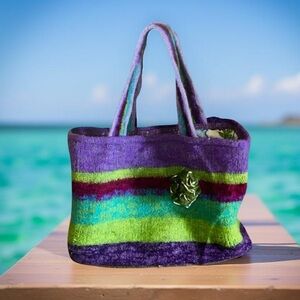 Knitted Felted Wool Striped Multicolor Double Handles Open Tote Bag